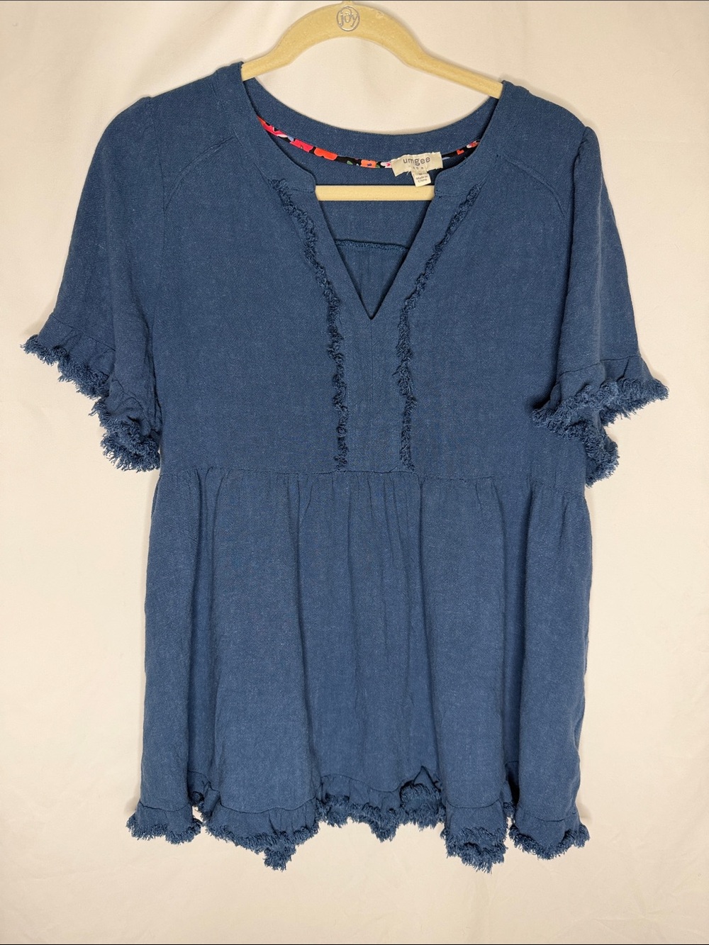 Umgee Blue Frayed Babydoll Peasant Top